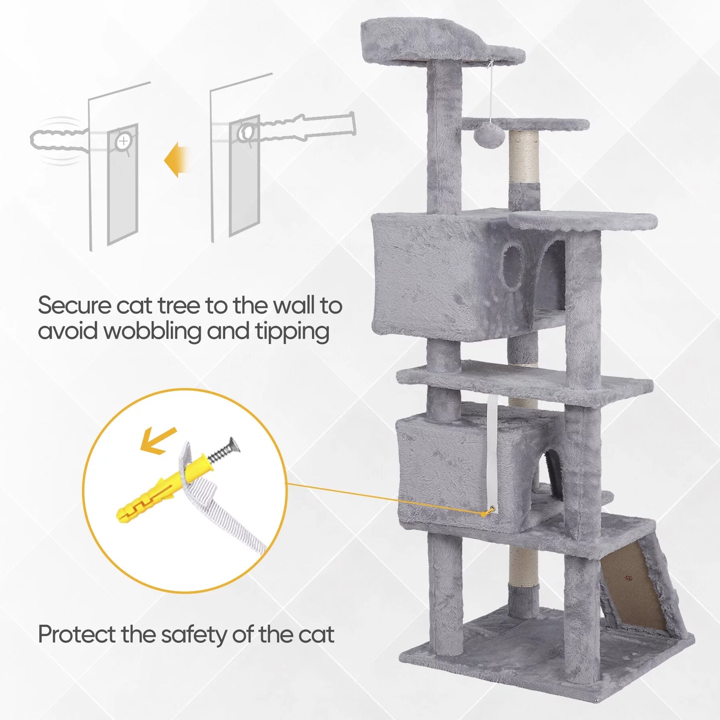 55" Cat Tree Tower Double Condo W/Scratching Post Pet Kitty Playhouse, Light Gray