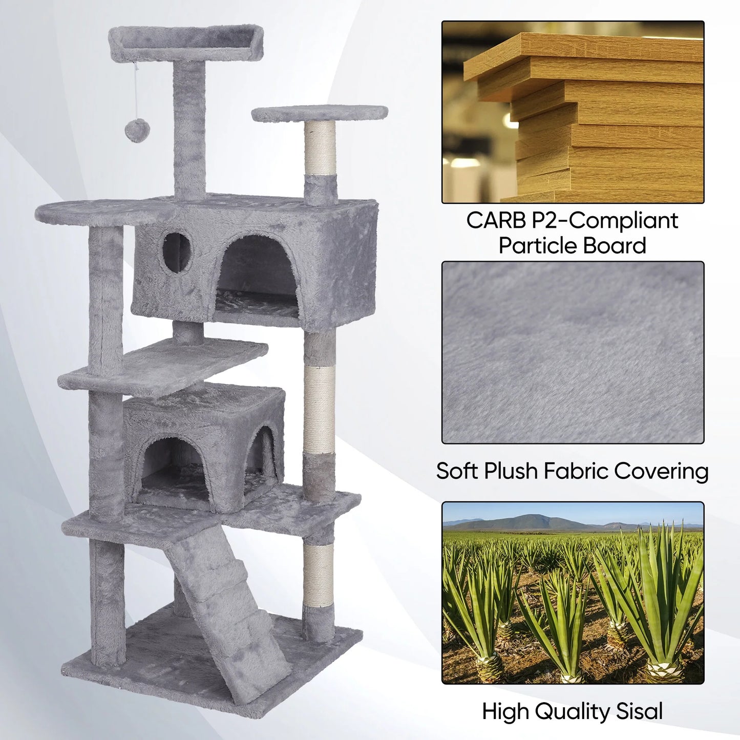 55" Cat Tree Tower Double Condo W/Scratching Post Pet Kitty Playhouse, Light Gray