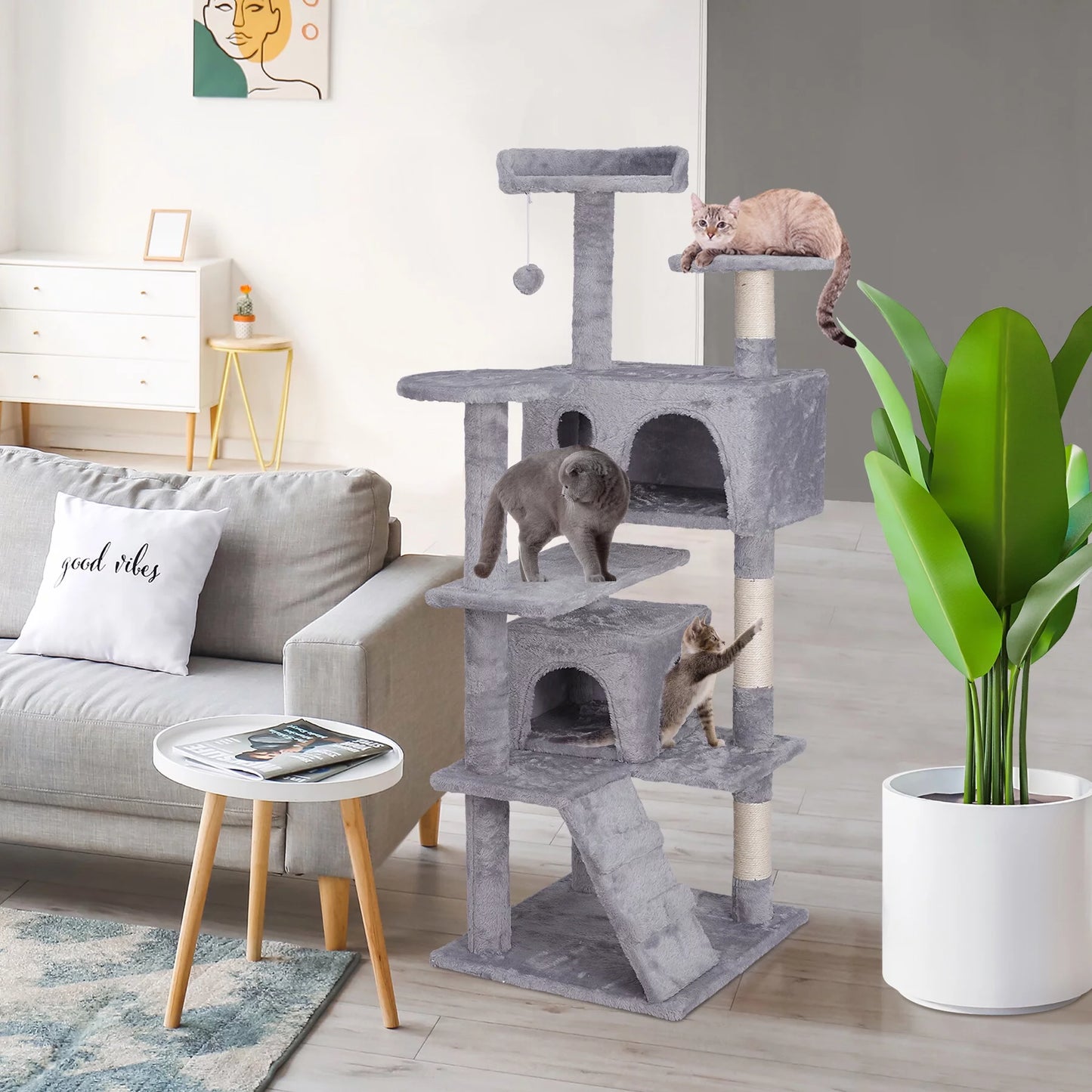 55" Cat Tree Tower Double Condo W/Scratching Post Pet Kitty Playhouse, Light Gray