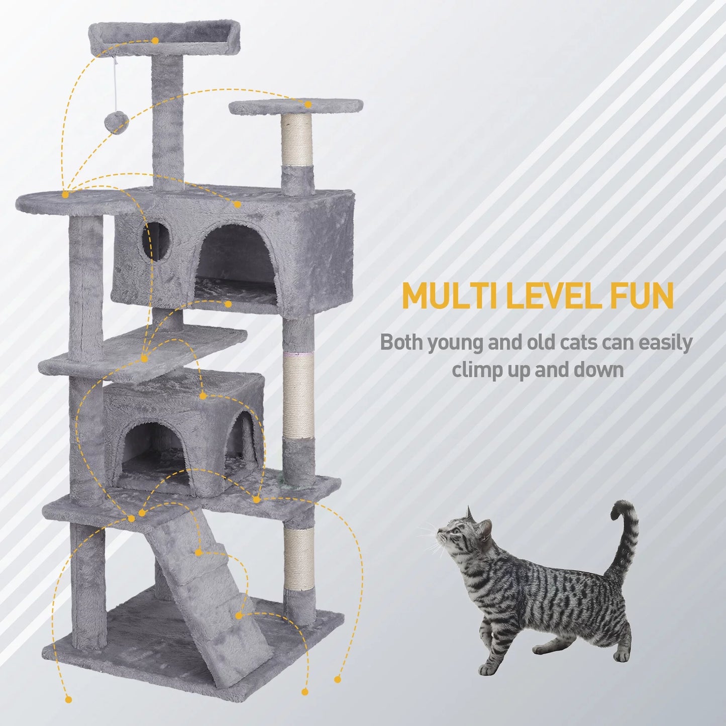 55" Cat Tree Tower Double Condo W/Scratching Post Pet Kitty Playhouse, Light Gray