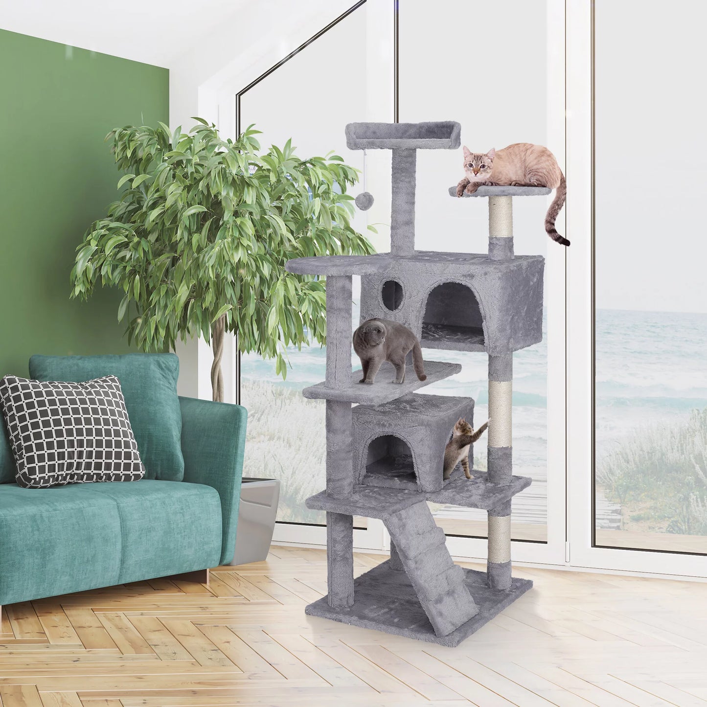 55" Cat Tree Tower Double Condo W/Scratching Post Pet Kitty Playhouse, Light Gray