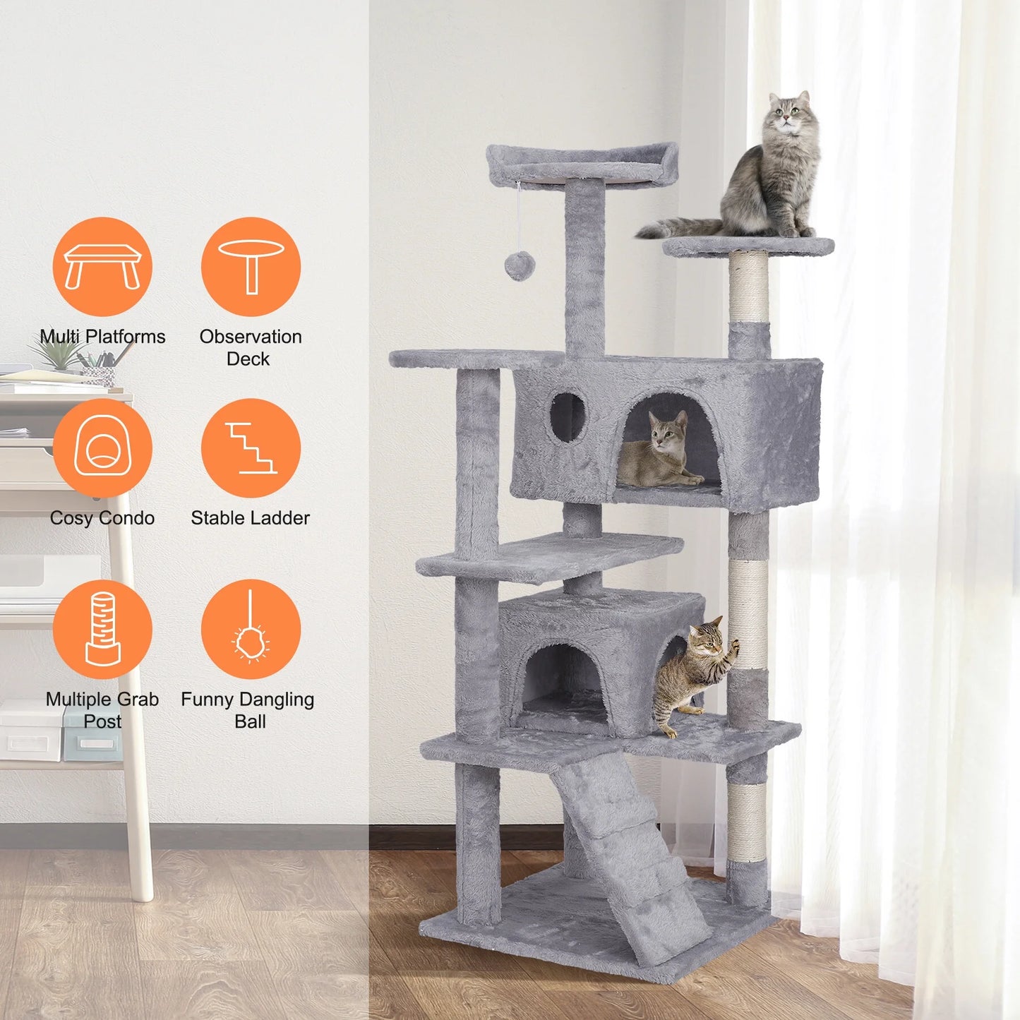 55" Cat Tree Tower Double Condo W/Scratching Post Pet Kitty Playhouse, Light Gray