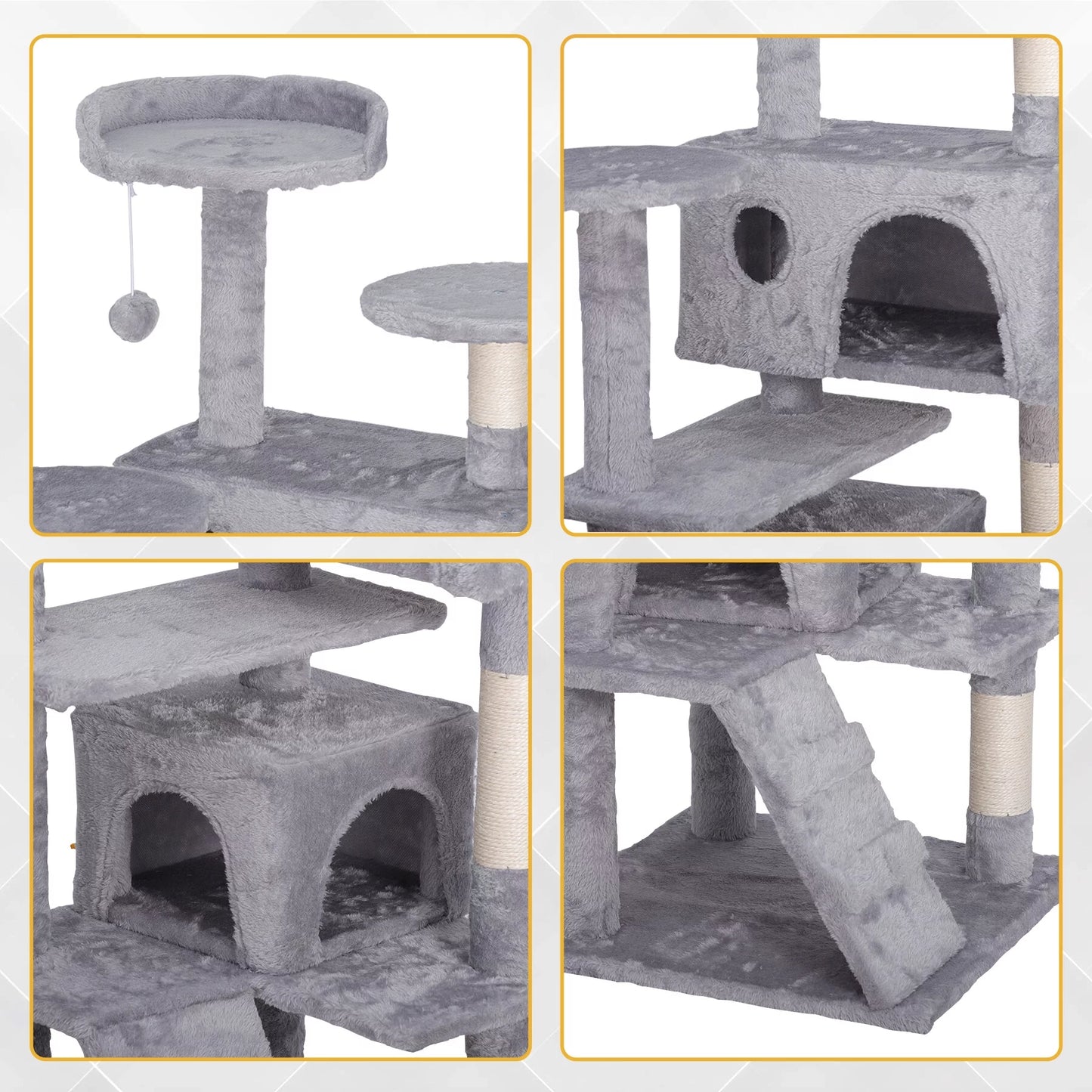 55" Cat Tree Tower Double Condo W/Scratching Post Pet Kitty Playhouse, Light Gray