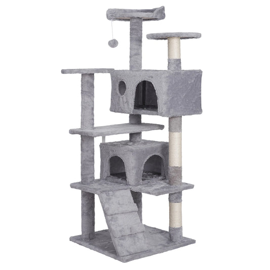 55" Cat Tree Tower Double Condo W/Scratching Post Pet Kitty Playhouse, Light Gray