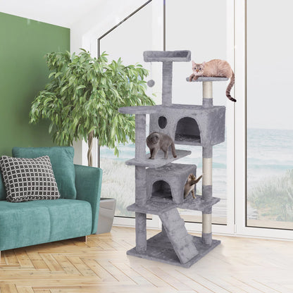 55" Cat Tree Tower Double Condo W/Scratching Post Pet Kitty Playhouse, Light Gray