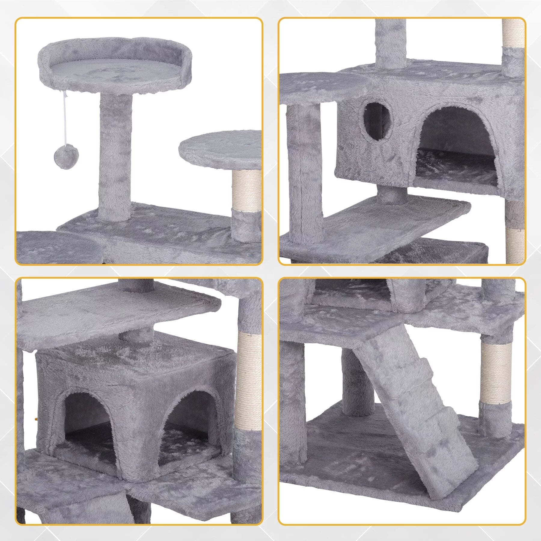 55" Cat Tree Tower Double Condo W/Scratching Post Pet Kitty Playhouse, Light Gray
