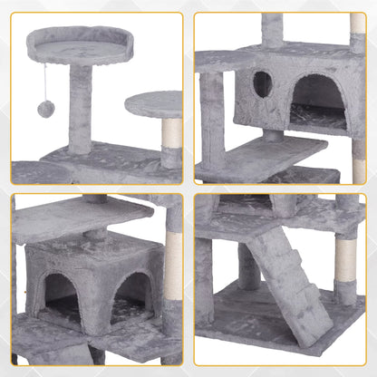 55" Cat Tree Tower Double Condo W/Scratching Post Pet Kitty Playhouse, Light Gray